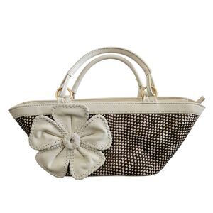 Inge Woven Ivory & Brown Leather Top Handle Satchel Bag